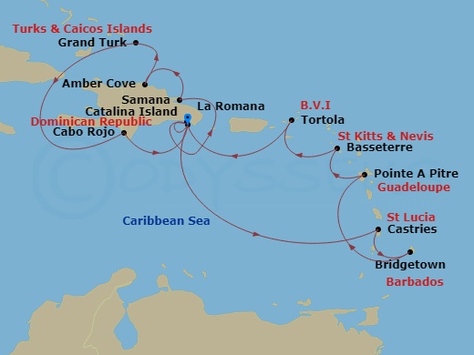 14 Night - Western Caribbean from Casa De Campo / La Romana - Costa Fascinosa - Starting in La Romana, Castries, Bridgetown, Barbados, Pointe-a-Pitre, Basseterre, Saint Kitts, Road Harbour (Tortola), La Romana, Catalina Island, Arroyo Barril (Samana), Amber Cove, Grand Turk, Cabo Rojo, La Romana itinerary map
