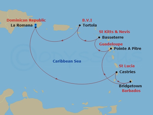 7 Night - Western Caribbean from Casa De Campo / La Romana - Costa Fascinosa - Starting in La Romana, Castries, Bridgetown, Barbados, Pointe-a-Pitre, Basseterre, Saint Kitts, Road Harbour (Tortola), La Romana itinerary map