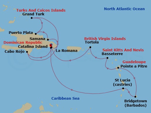 14 Night - Western Caribbean from Casa De Campo / La Romana - Costa Fascinosa - Starting in La Romana, Catalina Island, Cabo Rojo, Grand Turk, Puerto Plata, Dominican Republic, Arroyo Barril (Samana), La Romana, Castries, Bridgetown, Barbados, Pointe-a-Pitre, Basseterre, Saint Kitts, Road Harbour (Tortola), La Romana itinerary map