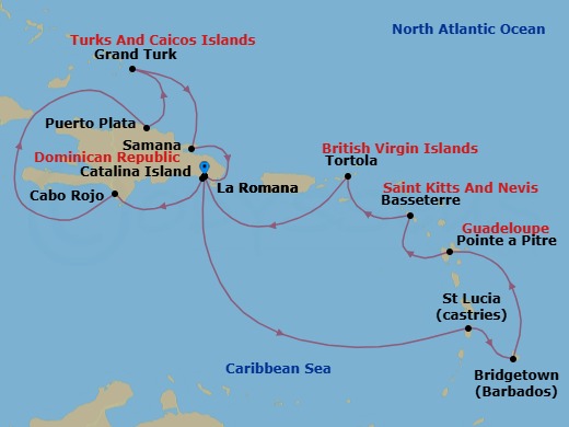 14 Night - Western Caribbean from Casa De Campo / La Romana - Costa Fascinosa - Starting in La Romana, Catalina Island, Cabo Rojo, Puerto Plata, Dominican Republic, Grand Turk, Arroyo Barril (Samana), La Romana, Castries, Bridgetown, Barbados, Pointe-a-Pitre, Basseterre, Saint Kitts, Road Harbour (Tortola), La Romana itinerary map