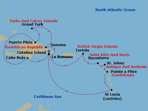 14 Night - Western Caribbean from Casa De Campo / La Romana - Costa Fascinosa - Starting in La Romana, Castries, Pointe-a-Pitre, St Johns AG, Antigua, Basseterre, Saint Kitts, Road Harbour (Tortola), La Romana, Catalina Island, Cabo Rojo, Puerto Plata, Dominican Republic, Grand Turk, Arroyo Barril (Samana), La Romana itinerary map