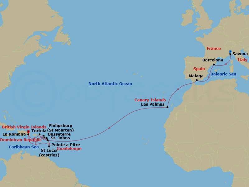 22 Night - Transatlantic from Savona - Costa Fascinosa - Starting in Savona, Barcelona, Malaga, Las Palmas (Gran Canaria), Pointe-a-Pitre, Philipsburg, La Romana, Castries, Pointe-a-Pitre, St Johns AG, Antigua, Basseterre, Saint Kitts, Road Harbour (Tortola), La Romana itinerary map