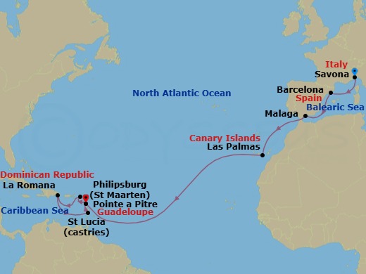 18 Night - Transatlantic from Savona - Costa Fascinosa - Starting in Savona, Barcelona, Malaga, Las Palmas (Gran Canaria), Pointe-a-Pitre, Philipsburg, La Romana, Castries, Pointe-a-Pitre itinerary map