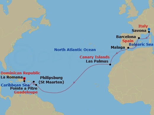 15 Night - Transatlantic from Savona - Costa Fascinosa - Starting in Savona, Barcelona, Malaga, Las Palmas (Gran Canaria), Pointe-a-Pitre, Philipsburg, La Romana itinerary map
