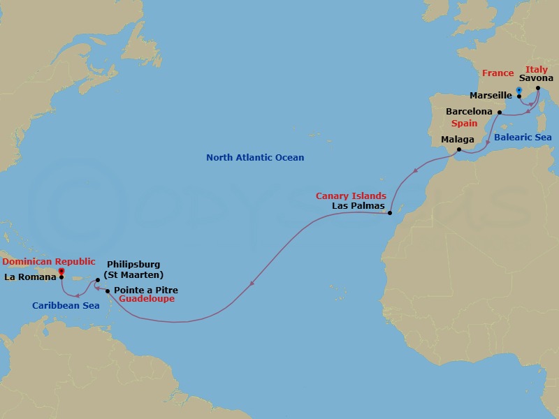 16 Night - Transatlantic from Marseille - Costa Fascinosa - Starting in Marseille, Savona, Barcelona, Malaga, Las Palmas (Gran Canaria), Pointe-a-Pitre, Philipsburg, La Romana itinerary map