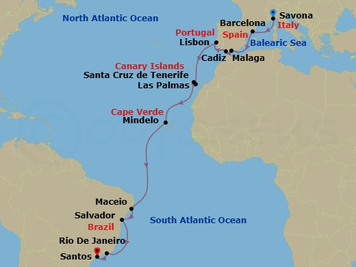 21 Night - Transatlantic from Savona - Costa Diadema - Starting in Savona, Barcelona, Malaga, Cadiz, Lisbon, Las Palmas (Gran Canaria), Santa Cruz de Tenerife, Mindelo (Sao Vicente), Maceio, Salvador Bahia, Rio De Janeiro, Santos (Sao Paulo) itinerary map