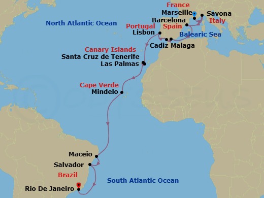 21 Night - Transatlantic from Marseille - Costa Diadema - Starting in Marseille, Savona, Barcelona, Malaga, Cadiz, Lisbon, Las Palmas (Gran Canaria), Santa Cruz de Tenerife, Mindelo (Sao Vicente), Maceio, Salvador Bahia, Rio De Janeiro itinerary map