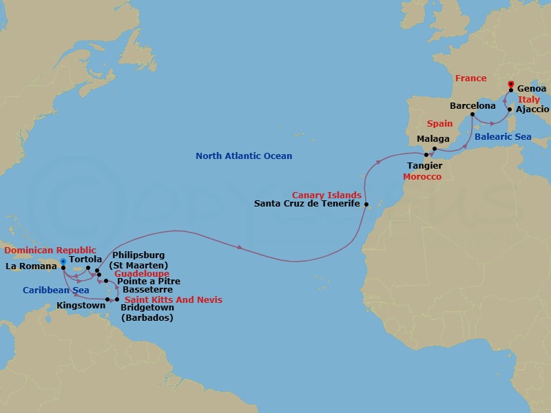 23 Night - Caribbean from La Romana to Savona - Costa Fascinosa - Starting in La Romana, Kingstown, Saint Vincent, Bridgetown, Barbados, Pointe-a-Pitre, Basseterre, Saint Kitts, Road Harbour (Tortola), La Romana, Philipsburg, Santa Cruz de Tenerife, Tangier, Malaga, Barcelona, Ajaccio (Corsica), Genoa (Portofino) itinerary map