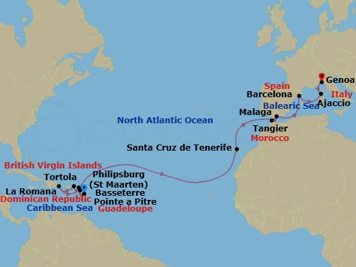 19 Night - Europe from Pointe a Pitre to Savona - Costa Fascinosa - Starting in Pointe-a-Pitre, Basseterre, Saint Kitts, Road Harbour (Tortola), La Romana, Philipsburg, Santa Cruz de Tenerife, Tangier, Malaga, Barcelona, Ajaccio (Corsica), Genoa (Portofino) itinerary map