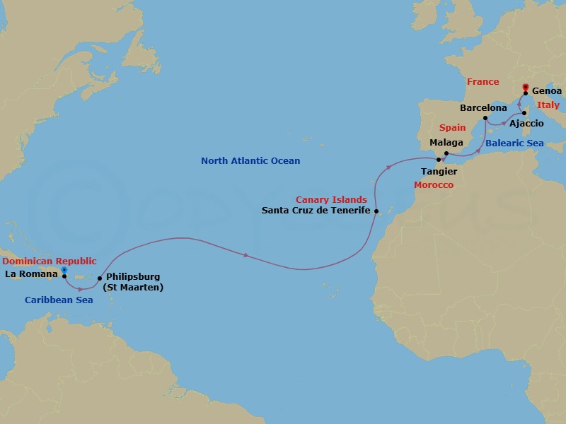 16 Night - Caribbean from La Romana to Savona - Costa Fascinosa - Starting in La Romana, Philipsburg, Santa Cruz de Tenerife, Tangier, Malaga, Barcelona, Ajaccio (Corsica), Genoa (Portofino) itinerary map