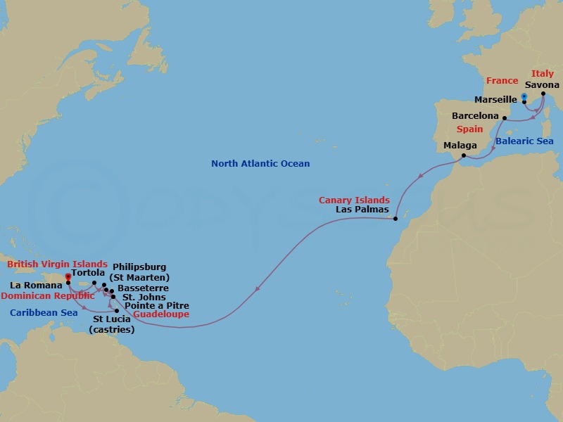 23 Night - Caribbean from Marseille to La Romana - Costa Fascinosa - Starting in Marseille, Savona, Barcelona, Malaga, Las Palmas (Gran Canaria), Pointe-a-Pitre, Philipsburg, La Romana, Castries, Pointe-a-Pitre, St Johns AG, Antigua, Basseterre, Saint Kitts, Road Harbour (Tortola), La Romana itinerary map