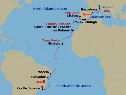 20 Night - Transatlantic from Savona - Costa Diadema - Starting in Savona, Barcelona, Malaga, Cadiz, Lisbon, Las Palmas (Gran Canaria), Santa Cruz de Tenerife, Mindelo (Sao Vicente), Maceio, Salvador Bahia, Rio De Janeiro itinerary map
