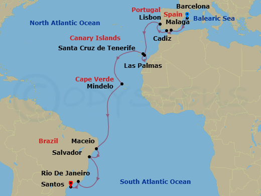 20 Night - Transatlantic from Barcelona - Costa Diadema - Starting in Barcelona, Malaga, Cadiz, Lisbon, Las Palmas (Gran Canaria), Santa Cruz de Tenerife, Mindelo (Sao Vicente), Maceio, Salvador Bahia, Rio De Janeiro, Santos (Sao Paulo) itinerary map