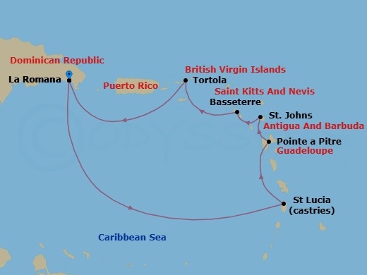 7 Night - Caribbean Roundtrip from La Romana - Costa Fascinosa - Starting in La Romana, Castries, Pointe-a-Pitre, St Johns AG, Antigua, Basseterre, Saint Kitts, Road Harbour (Tortola), La Romana itinerary map
