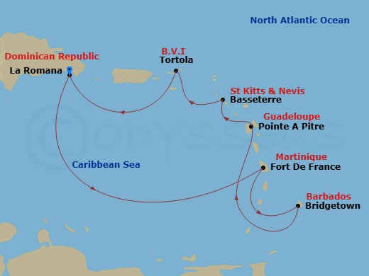 7 Night - Caribbean Roundtrip from La Romana - Costa Fascinosa - Starting in La Romana, Fort-de-France, Bridgetown, Barbados, Pointe-a-Pitre, Basseterre, Saint Kitts, Road Harbour (Tortola), La Romana itinerary map