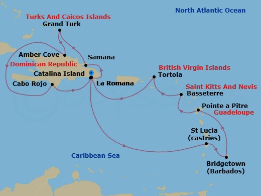 14 Night - Caribbean Roundtrip from La Romana - Costa Fascinosa - Starting in La Romana, Castries, Bridgetown, Barbados, Pointe-a-Pitre, Basseterre, Saint Kitts, Road Harbour (Tortola), La Romana, Catalina Island, Arroyo Barril (Samana), Grand Turk, Amber Cove, Cabo Rojo, La Romana itinerary map