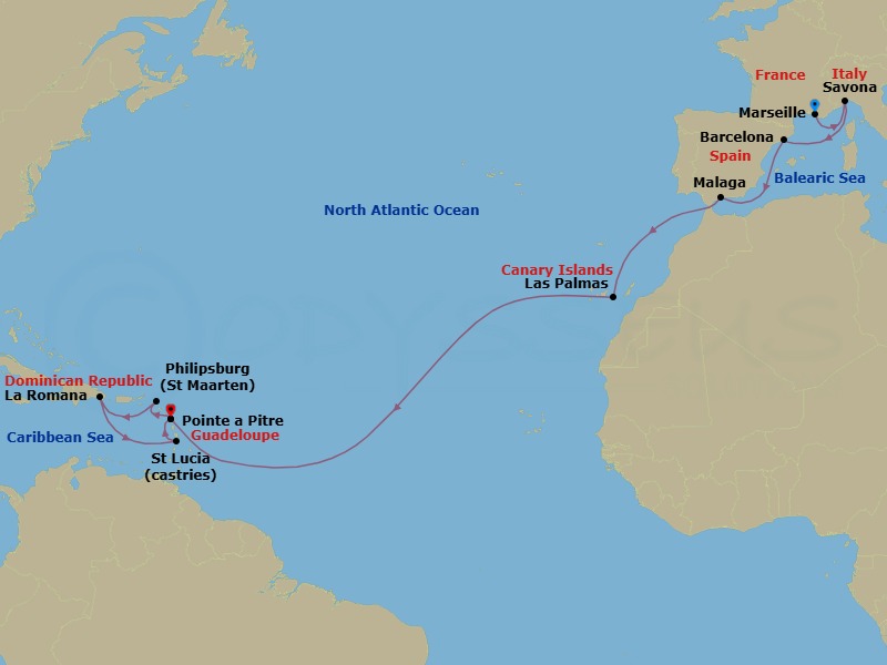 19 Night - Europe from Marseille to Pointe a Pitre - Costa Fascinosa - Starting in Marseille, Savona, Barcelona, Malaga, Las Palmas (Gran Canaria), Pointe-a-Pitre, Philipsburg, La Romana, Castries, Pointe-a-Pitre itinerary map