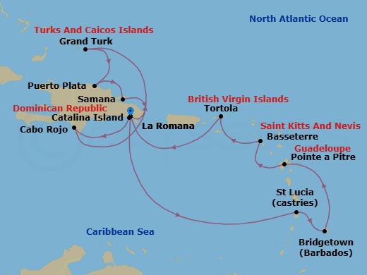 14 Night - Caribbean Roundtrip from La Romana - Costa Fascinosa - Starting in La Romana, Castries, Bridgetown, Barbados, Pointe-a-Pitre, Basseterre, Saint Kitts, Road Harbour (Tortola), La Romana, Catalina Island, Cabo Rojo, Grand Turk, Puerto Plata, Dominican Republic, Arroyo Barril (Samana), La Romana itinerary map