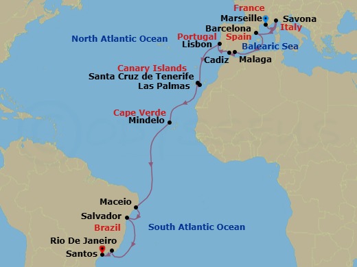 22 Night - Transatlantic from Marseille - Costa Diadema - Starting in Marseille, Savona, Barcelona, Malaga, Cadiz, Lisbon, Las Palmas (Gran Canaria), Santa Cruz de Tenerife, Mindelo (Sao Vicente), Maceio, Salvador Bahia, Rio De Janeiro, Santos (Sao Paulo) itinerary map