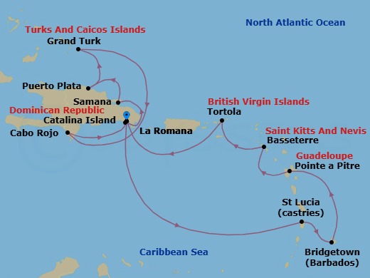 14 Night - Caribbean Roundtrip from La Romana - Costa Fascinosa - Starting in La Romana, Catalina Island, Arroyo Barril (Samana), Puerto Plata, Dominican Republic, Grand Turk, Cabo Rojo, La Romana, Castries, Bridgetown, Barbados, Pointe-a-Pitre, Basseterre, Saint Kitts, Road Harbour (Tortola), La Romana itinerary map
