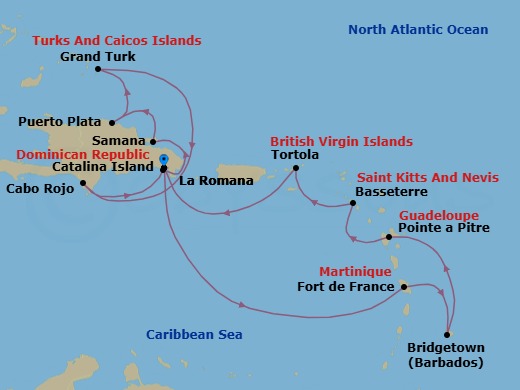14 Night - Caribbean Roundtrip from La Romana - Costa Fascinosa - Starting in La Romana, Fort-de-France, Bridgetown, Barbados, Pointe-a-Pitre, Basseterre, Saint Kitts, Road Harbour (Tortola), La Romana, Catalina Island, Arroyo Barril (Samana), Puerto Plata, Dominican Republic, Grand Turk, Cabo Rojo, La Romana itinerary map