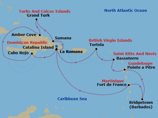 14 Night - Caribbean Roundtrip from La Romana - Costa Fascinosa - Starting in La Romana, Catalina Island, Arroyo Barril (Samana), Grand Turk, Amber Cove, Cabo Rojo, La Romana, Fort-de-France, Bridgetown, Barbados, Pointe-a-Pitre, Basseterre, Saint Kitts, Road Harbour (Tortola), La Romana itinerary map