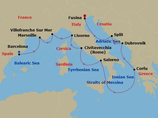 12 Night - Mediterranean Odyssey - Viking Star - Starting in Barcelona, Marseille, Villefranche-Sur-Mer, Florence / Pisa (Livorno), Rome (Civitavecchia), Salerno, Sail the Strait of Messina, Corfu (Kerkyra), Dubrovnik, Croatia, Split, Venice (Fusina) itinerary map