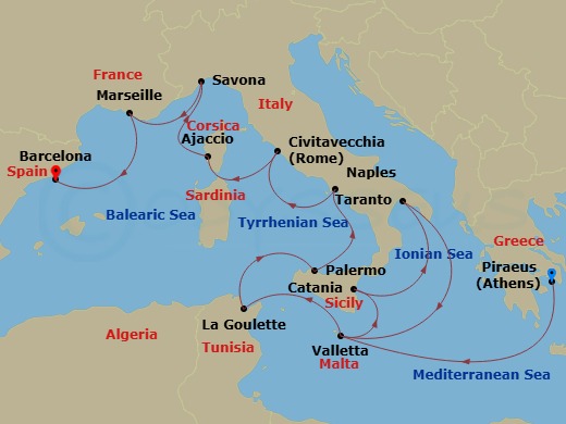 13 Night - Western Mediterranean from Athens (Pireo) - Costa Fascinosa - Starting in Piraeus (Athens), Malta / La Valletta, Catania, Taranto, Malta / La Valletta, La Goulette (Tunis), Palermo, Naples, Civitavecchia (Rome), Ajaccio (Corsica), Savona, Marseille, Barcelona itinerary map