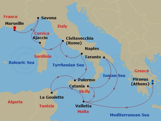 12 Night - Western Mediterranean from Athens (Pireo) - Costa Fascinosa - Starting in Piraeus (Athens), Malta / La Valletta, Catania, Taranto, Malta / La Valletta, La Goulette (Tunis), Palermo, Naples, Civitavecchia (Rome), Ajaccio (Corsica), Savona, Marseille itinerary map