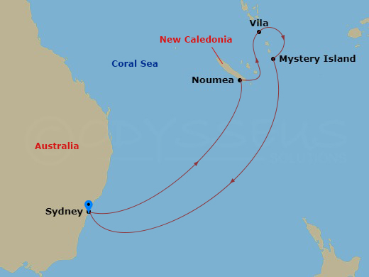 9 Night - South Pacific Cruise - Anthem of the Seas - Starting in Sydney AU, Noumea, New Caledonia, Vila, Vanuatu, Mystery Island, Vanuatu, Sydney AU itinerary map