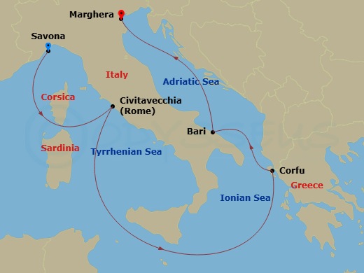 5 Night - Eastern Mediterranean from Savona - Costa Deliziosa - Starting in Savona, Civitavecchia (Rome), Corfu, Bari, Marghera (Venice) itinerary map