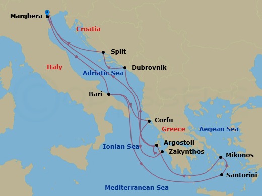 14 Night - Eastern Mediterranean from Marghera - Costa Deliziosa - Starting in Marghera (Venice), Bari, Corfu, Zakynthos, Argostoli (Cephalonia), Dubrovnik, Croatia, Split, Marghera (Venice), Bari, Thira (Santorini), Mykonos, Argostoli (Cephalonia), Marghera (Venice) itinerary map