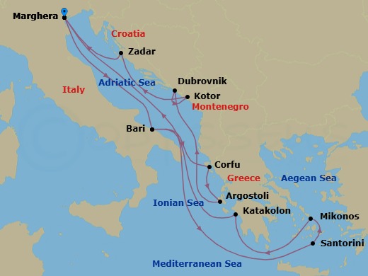 14 Night - Eastern Mediterranean from Marghera - Costa Deliziosa - Starting in Marghera (Venice), Bari, Thira (Santorini), Mykonos, Katakolon (Olympia), Marghera (Venice), Bari, Corfu, Argostoli (Cephalonia), Dubrovnik, Croatia, Kotor, Zadar, Marghera (Venice) itinerary map