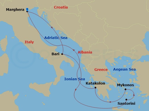 7 Night - Eastern Mediterranean from Marghera - Costa Deliziosa - Starting in Marghera (Venice), Bari, Thira (Santorini), Mykonos, Katakolon (Olympia), Marghera (Venice) itinerary map