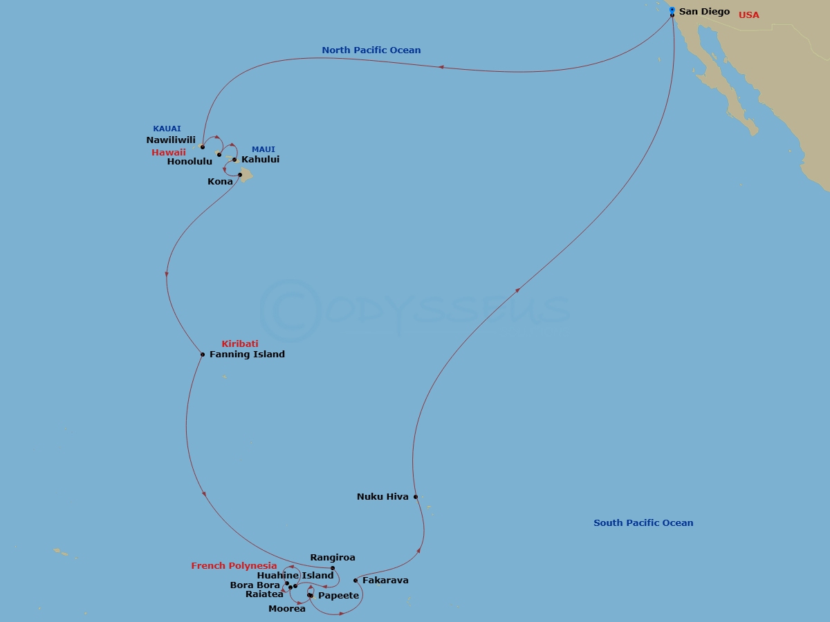 35 Night - Legendary Hawaii, Tahiti & Marquesas - Zaandam - Starting in San Diego, California, Nawiliwili, Kauai, Hawaii, Honolulu, Hawaii, Kahului, Maui, Kona, Hawaii, Cross International Dateline, Tabuaeran (Fanning Island), Kiribati, Crossing the Equator, Cross International Dateline, Avatoru, Rangiroa, French Polynesia, Huahine, French Polynesia, Bora Bora, French Polynesia, Raiatea, Society Islands, French Polynesia, Papeete, French Polynesia, Bahia d Opunoha, Moorea, French Polynesia, Fakarava, Tuamotu, French Polynesia, Taiohae, Nuku Hiva, French Polynesia, Crossing the Equator, San Diego, California itinerary map