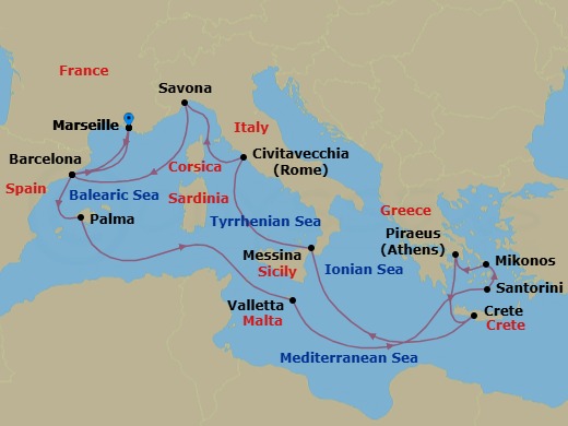 16 Night - Western Mediterranean from Marseille - Costa Fascinosa - Starting in Marseille, Barcelona, Palma De Mallorca, Malta / La Valletta, Thira (Santorini), Mykonos, Piraeus (Athens), Souda Bay (Crete), Messina (Taormina), Civitavecchia (Rome), Savona, Barcelona, Marseille itinerary map