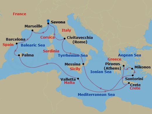 14 Night - Western Mediterranean from Savona - Costa Fascinosa - Starting in Savona, Marseille, Barcelona, Palma De Mallorca, Malta / La Valletta, Thira (Santorini), Mykonos, Piraeus (Athens), Souda Bay (Crete), Messina (Taormina), Civitavecchia (Rome), Savona itinerary map