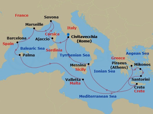 15 Night - Western Mediterranean from Civitavecchia - Costa Fascinosa - Starting in Civitavecchia (Rome), Ajaccio (Corsica), Savona, Marseille, Barcelona, Palma De Mallorca, Malta / La Valletta, Thira (Santorini), Mykonos, Piraeus (Athens), Souda Bay (Crete), Messina (Taormina), Civitavecchia (Rome) itinerary map