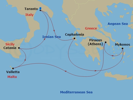 7 Night - Eastern Mediterranean from Taranto - Costa Fascinosa - Starting in Taranto, Argostoli (Cephalonia), Mykonos, Piraeus (Athens), Malta / La Valletta, Catania, Taranto itinerary map