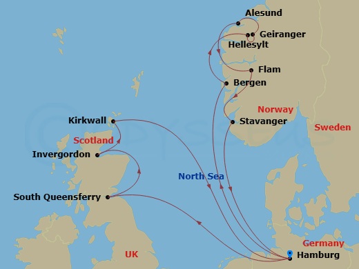 15 Night - North Europe from Hamburg - Costa Favolosa - Starting in Hamburg, South Queensferry, UK, Invergordon (Inverness), Kirkwall (Orkney), Hamburg, Bergen, Hellesylt, Norway, Geiranger, Norway, Alesund, Flam, Norway, Stavanger, Hamburg itinerary map