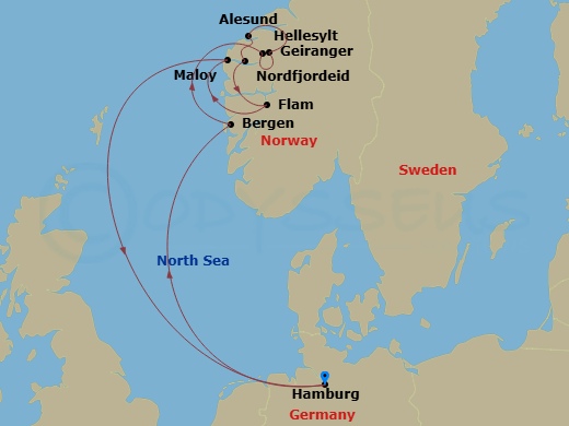 9 Night - North Europe from Hamburg - Costa Favolosa - Starting in Hamburg, Bergen, Hellesylt, Norway, Geiranger, Norway, Alesund, Nordfjordeid, Flam, Norway, Maloy, Hamburg itinerary map