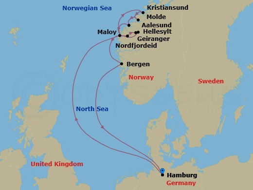 10 Night - North Europe from Hamburg - Costa Favolosa - Starting in Hamburg, Maloy, Kristiansund, Molde, Alesund, Nordfjordeid, Hellesylt, Norway, Geiranger, Norway, Bergen, Hamburg itinerary map