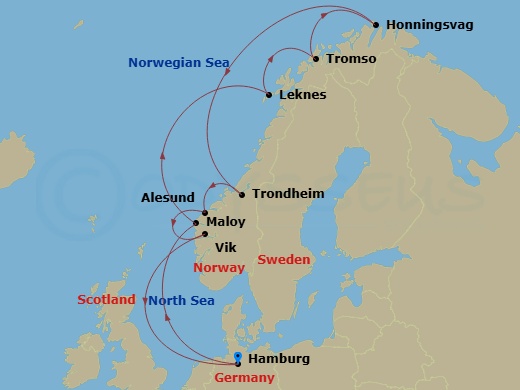 12 Night - North Europe from Hamburg - Costa Favolosa - Starting in Hamburg, Maloy, Leknes (Lofoten Islands), Tromso, Honningsvag (North Cape), Trondheim, Alesund, Vik-Sogn (Sognefjord), Hamburg itinerary map