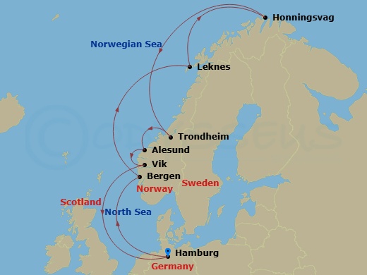 12 Night - North Europe from Hamburg - Costa Favolosa - Starting in Hamburg, Bergen, Leknes (Lofoten Islands), Honningsvag (North Cape), Trondheim, Alesund, Vik-Sogn (Sognefjord), Hamburg itinerary map