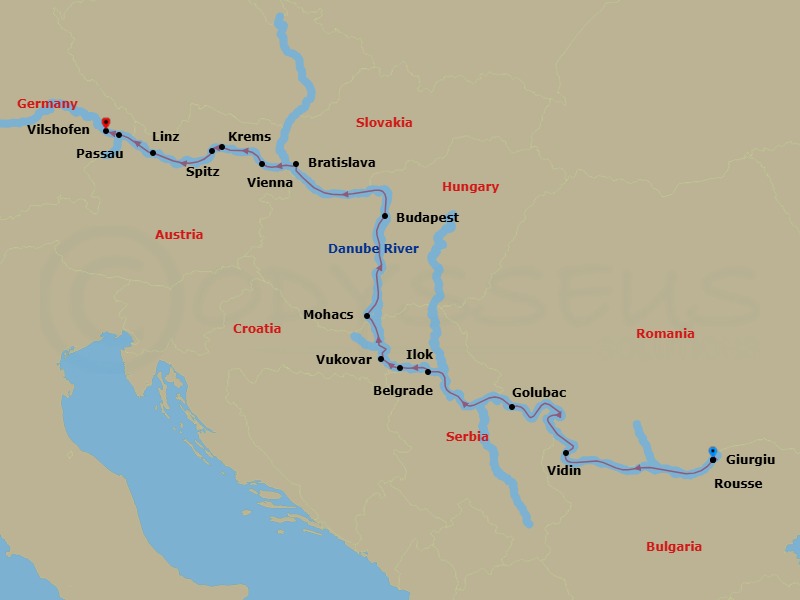 14 Night - Grand Danube (Taste of Christmas) - AmaMagna - Starting in Giurgiu, Rousse, Vidin, Golubac, Belgrade, Ilok, Vukovar, Mohacs, Budapest, Bratislava, Vienna, Krems, Spitz, Linz, Passau, Vilshofen itinerary map