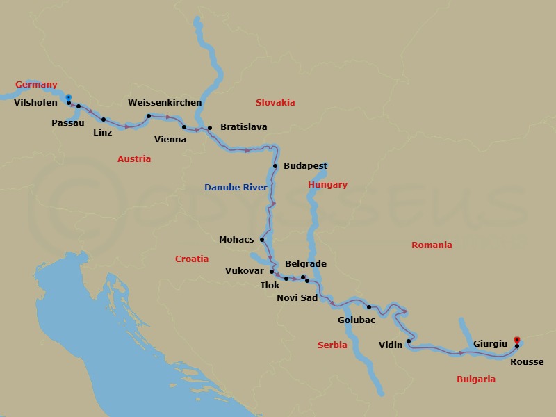 14 Night - Grand Danube Cruise - AmaMagna - Starting in Vilshofen, Passau, Linz, Weissenkirchen, Vienna, Bratislava, Budapest, Mohacs, Vukovar, Ilok, Novi Sad, Belgrade, Golubac, Vidin, Rousse, Giurgiu itinerary map
