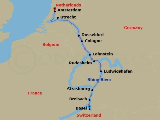 7 Night - Enchanting Rhine (Celebration of Wine, Taste of Christmas) - AmaPrima - Starting in Basel, Breisach, Strasbourg, Ludwigshafen, Rudesheim, Lahnstein, Cologne, Dusseldorf, Utrecht, Amsterdam itinerary map