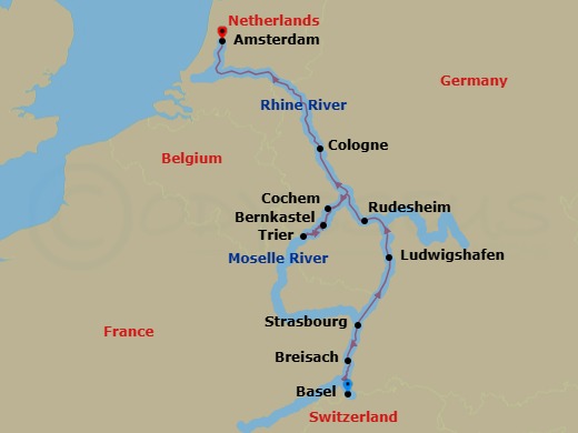 10 Night - Rhine & Moselle Delights (Wine Cruise) - AmaPrima - Starting in Basel, Breisach, Strasbourg, Ludwigshafen, Rudesheim, Bernkastel, Moselle Valley, Trier, Cochem, Cologne, Amsterdam itinerary map