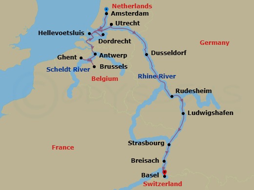 14 Night - Grand Rhine & Dutch Canals (Taste of Christmas) - AmaStella - Starting in Amsterdam, Utrecht, Hellevoetsluis, Ghent, Brussels, Antwerp, Dordrecht, Amsterdam, Utrecht, Dusseldorf, Rudesheim, Ludwigshafen, Strasbourg, Breisach, Basel itinerary map