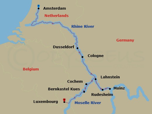 7 Night - Rhine & Moselle Splendors - AmaPrima - Starting in Amsterdam, Dusseldorf, Cologne, Rudesheim, Mainz, Lahnstein, Moselle Valley, Cochem, Bernkastel, Luxembourg itinerary map